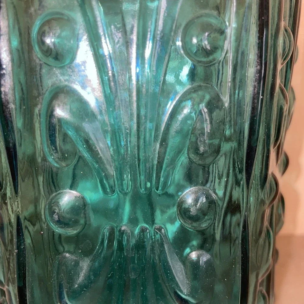 Vintage‎ LE Smith Imperial Atterbury Scroll Canister Jar Teal Glass Apothecary